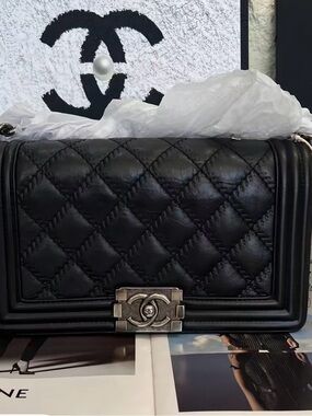 Authentic CHANEL Black Quilted Boy Shoulder Bag with Silver-Tone CC Lock